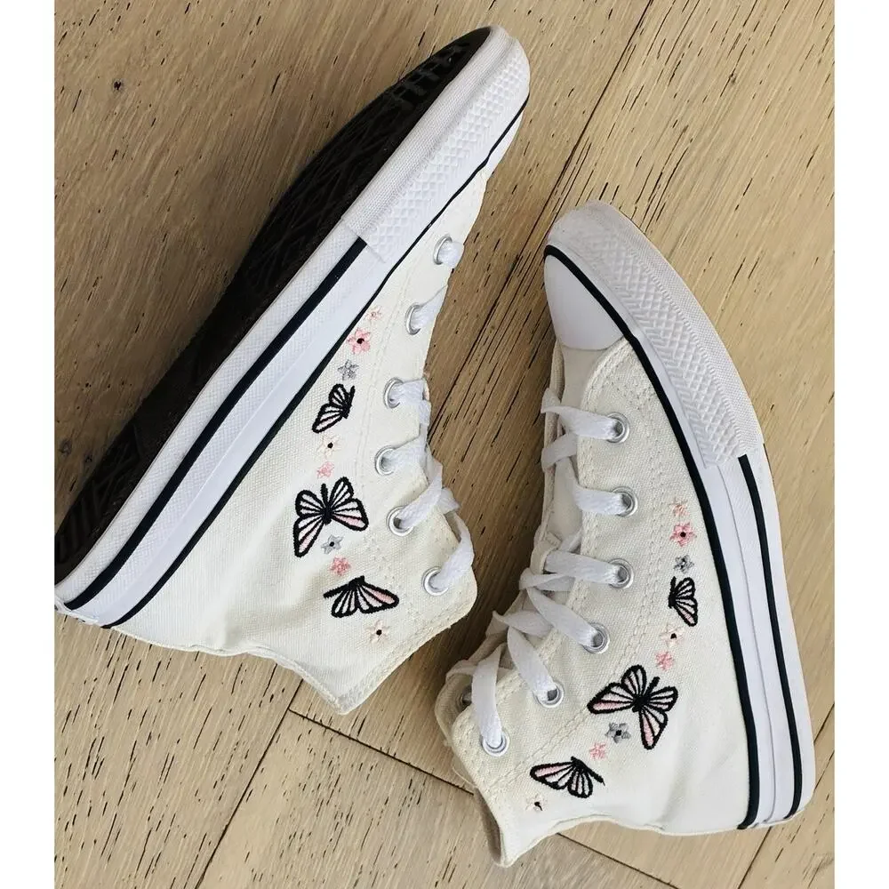 Converse Chuck Taylor All Star High Top Girls Youth Size 1 White With Butterfly - Picture 4 of 6